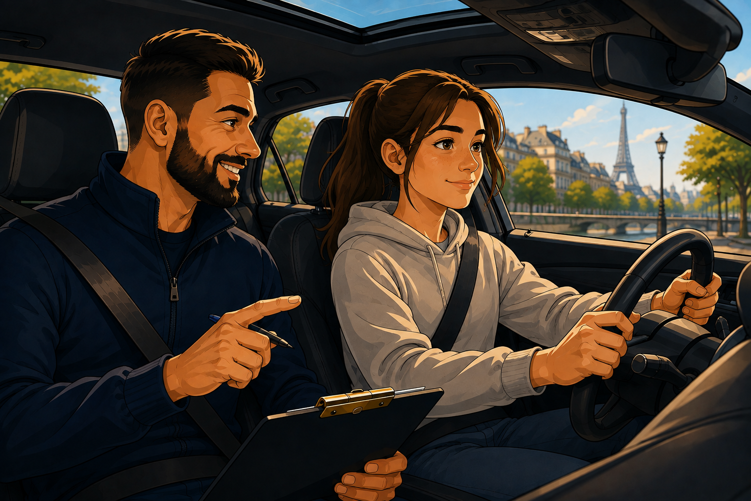 Élève en leçon de conduite accompagnée par son moniteur à Paris