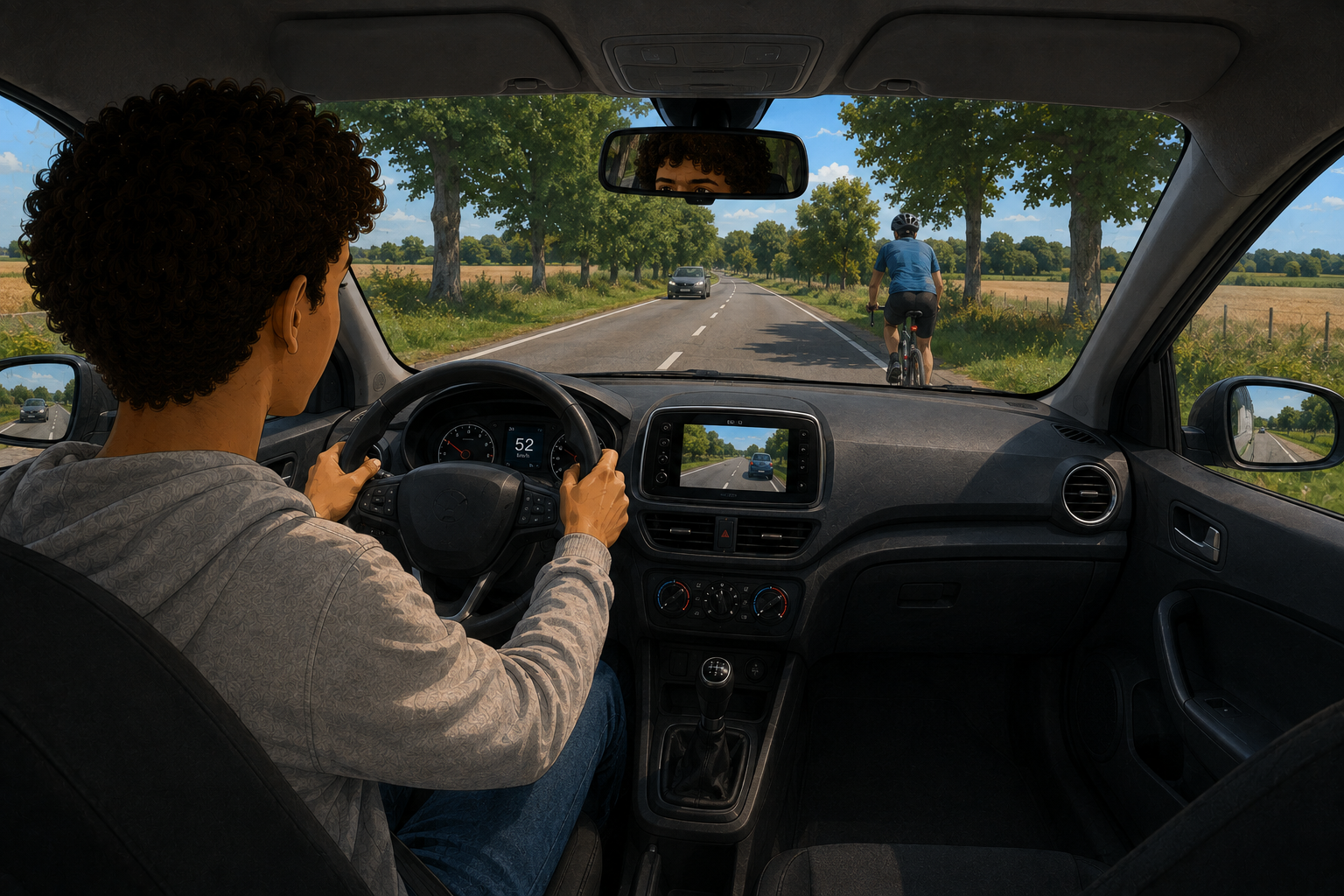 Route de campagne bordée d’arbres, un cycliste circule sur le bas-côté devant la voiture