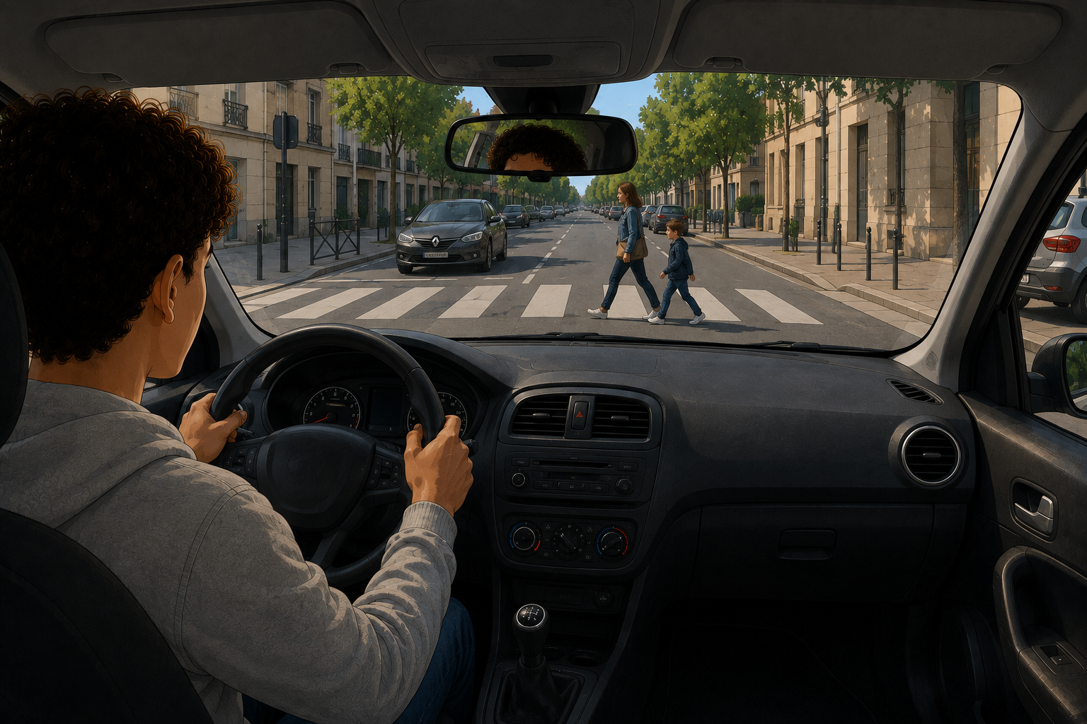 Une mère et son enfant traversent sur un passage piéton dans une rue haussmannienne