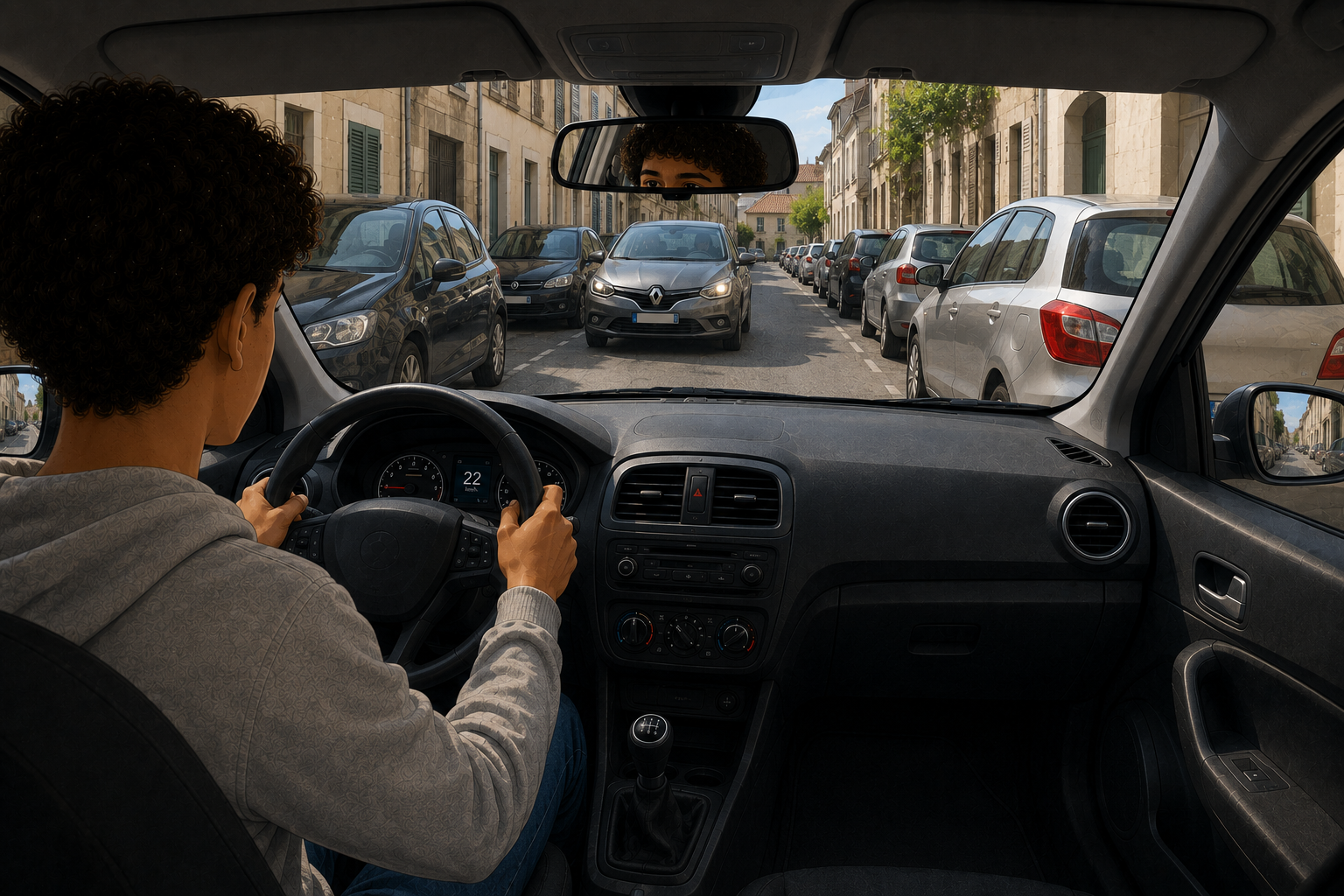 Rue étroite bordée de voitures stationnées des deux côtés, un véhicule arrive en sens inverse