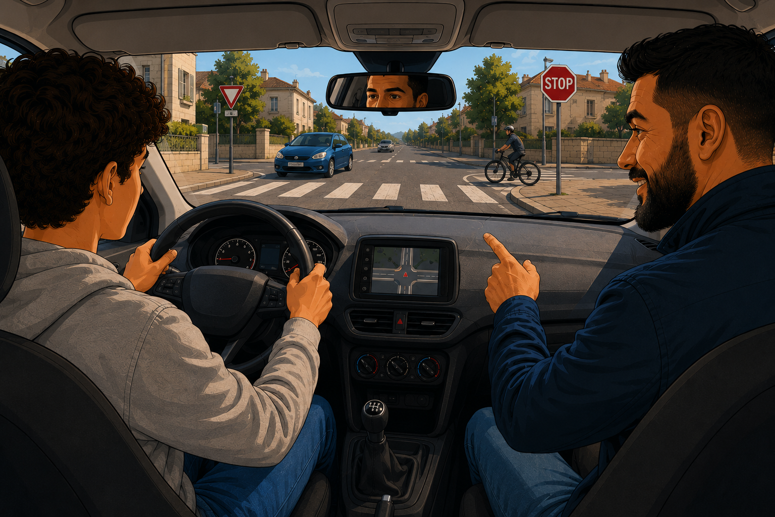 Intersection avec panneau stop et cédez-le-passage, un cycliste traverse à proximité du passage piéton